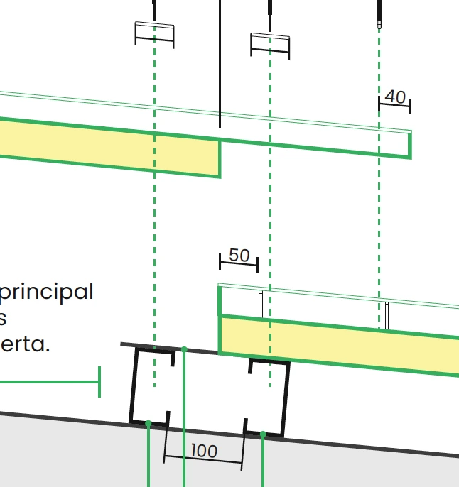 Diagrama técnico del sistema de solape de paneles sandwich PanelYA — detalle de junta y encaje